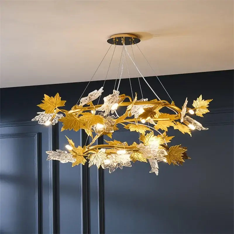 DecorBites crystal chandelier with golden clear glass leaf design and intricate rustic branch pendant lighting