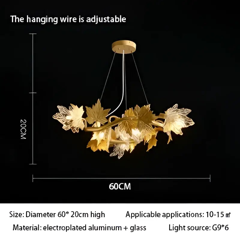 Golden leaf-shaped decorbites crystal chandelier made of electroplated aluminum and glass with adjustable wire