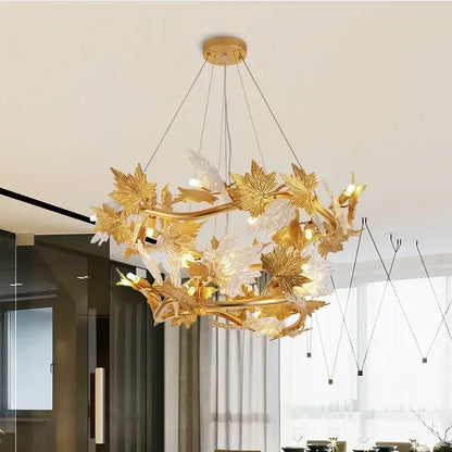 Golden leaf and glass decorbites crystal chandelier with intricate branch design for rustic pendant lighting decor