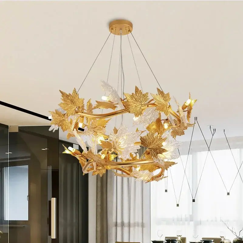 Golden leaf and glass decorbites crystal chandelier with intricate branch design for rustic pendant lighting decor