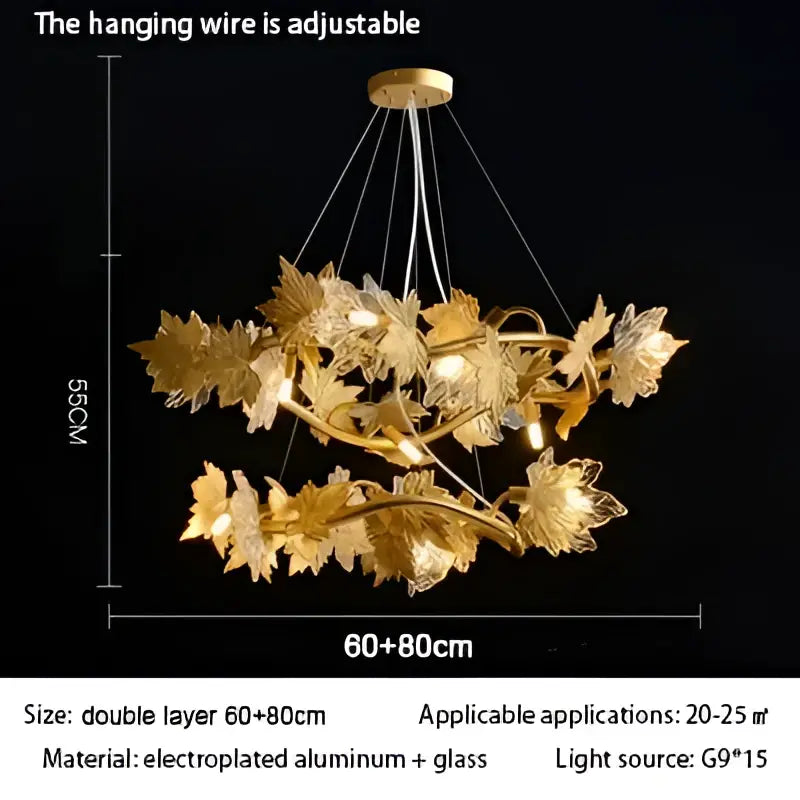 Golden leaf-shaped decorbites crystal chandelier with double-layer electroplated aluminum and glass design