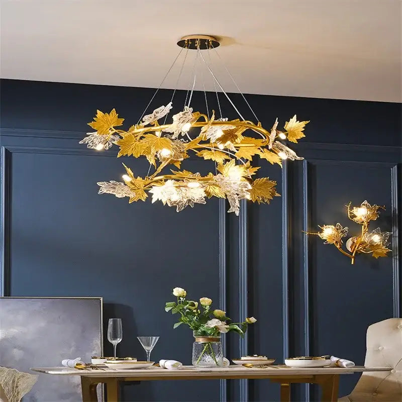 Golden leaf decorbites crystal chandelier pendant lighting with clear crystal accents for modern French country decor