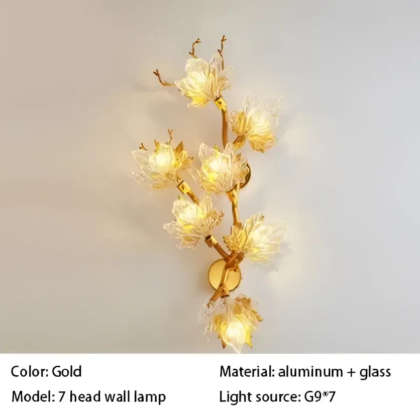 Gold-colored decorbites crystal chandelier 7-head wall lamp made of aluminum and glass with floral design