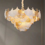 Decorbites crystal chandelier shell lamp with white and gold-leaf ginkgo leaves in luxury nordic design