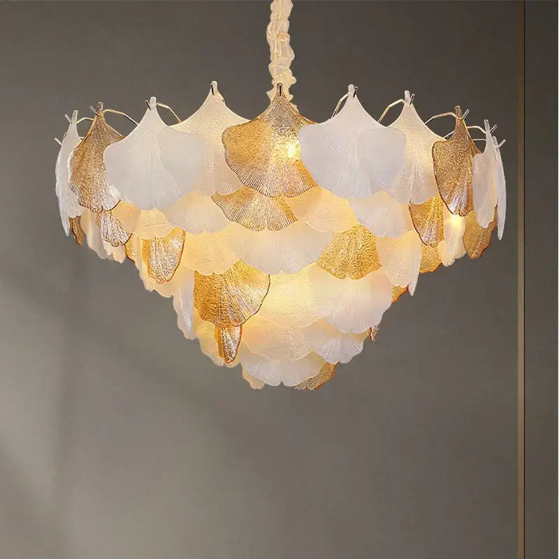 Decorbites crystal chandelier shell lamp with white and gold-leaf ginkgo leaves in luxury nordic design