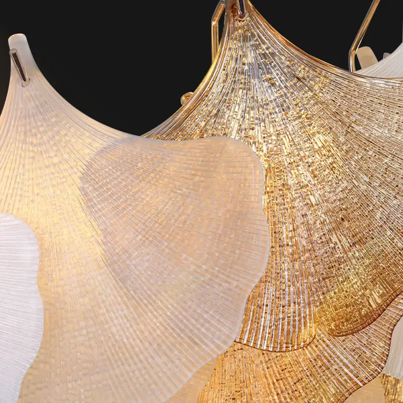 DecorBites™ crystal chandelier shell lamp with golden and white glass fan-like designs for luxury living spaces