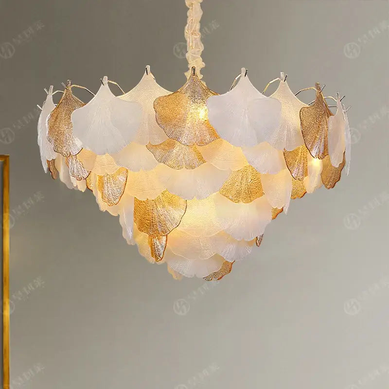 DecorBites crystal chandelier shell lamp with layered translucent white and gold glass leaves for luxury Nordic decor