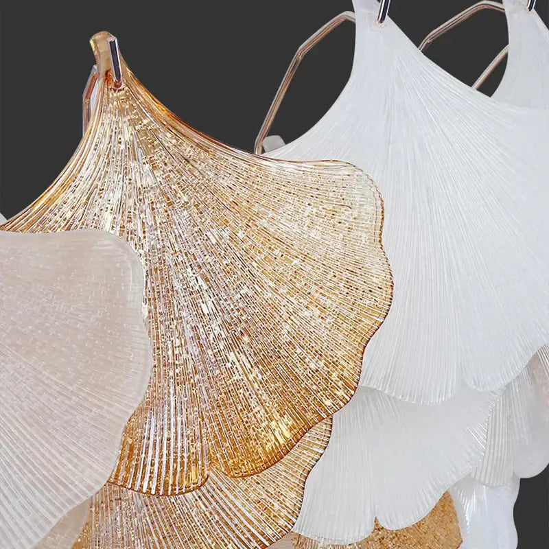 DecorBites crystal chandelier shell lamp with golden and white glass and intricate leaf designs for luxury Nordic decor