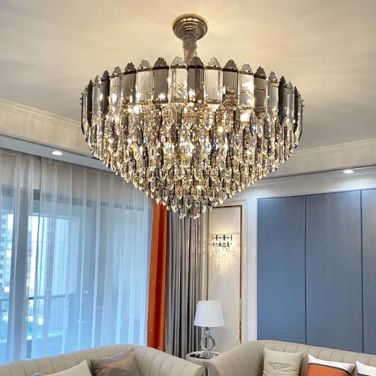 Decorbites crystal chandelier with tiered clear and silver crystals on polished brass for luxury living room light