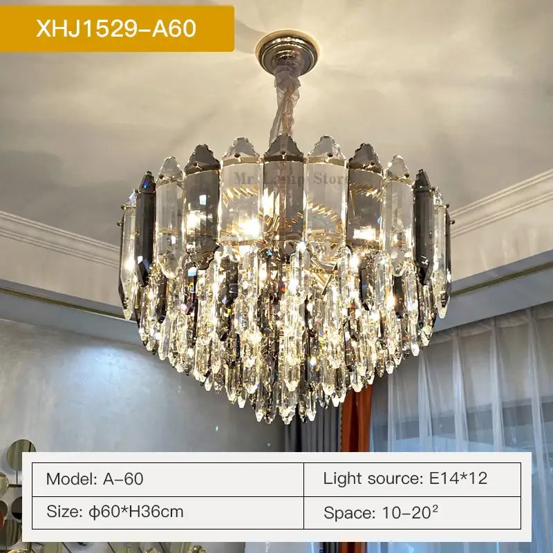A decorbites crystal chandelier with silver and brass frame featuring cascading clear and dark glass prisms for luxury living rooms