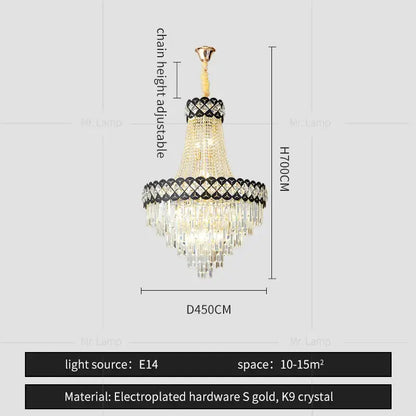 Elegant decorbites crystal chandelier with gold-toned electroplated frame and cascading k9 crystal prisms for spiral staircase