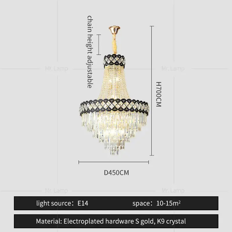 Elegant decorbites crystal chandelier with gold-toned electroplated frame and cascading k9 crystal prisms for spiral staircase