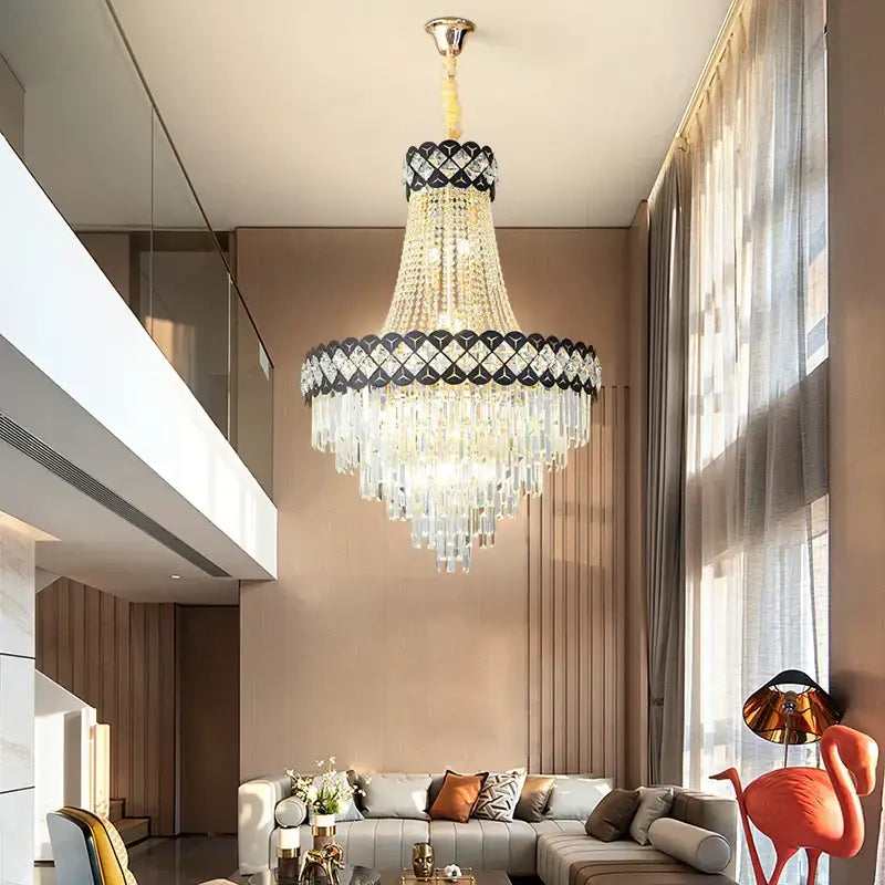 Luxurious decorbites crystal chandelier with black and gold frame and cascading clear crystals for spiral staircase hall lighting