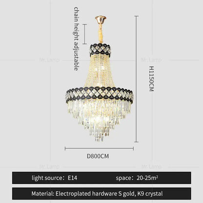 Elegant two-tiered DecorBites crystal chandelier with gold electroplated hardware and K9 crystal accents for spiral staircase