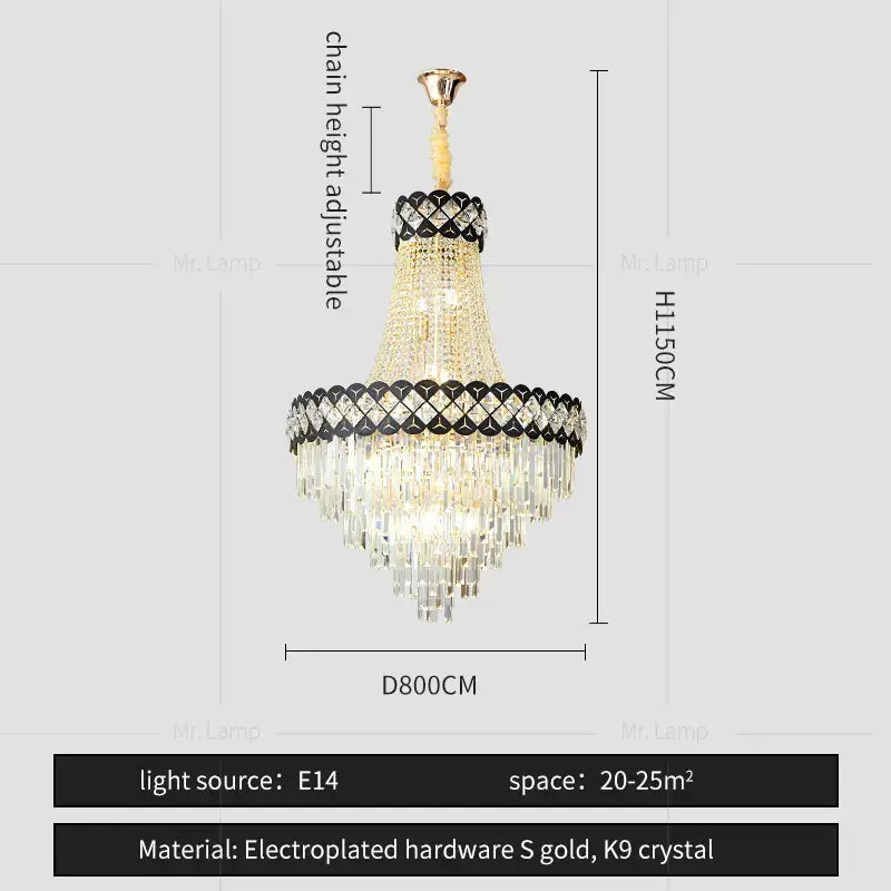 Elegant two-tiered DecorBites crystal chandelier with gold electroplated hardware and K9 crystal accents for spiral staircase