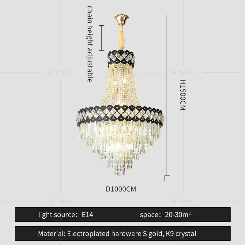 Elegant decorbites crystal chandelier with gold electroplated frame and k9 crystal prisms for spiral staircase lighting
