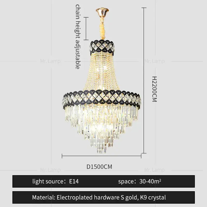 Elegant DecorBites crystal chandelier with tiered black and clear k9 crystals and gold hardware for spiral staircase lighting