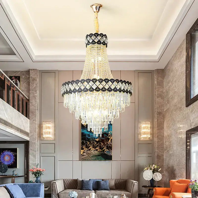 Elegant decorbites crystal chandelier with black and gold geometric top and cascading clear crystals for living room lighting