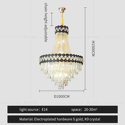 Elegant decorbites crystal chandelier with gold electroplated frame, clear k9 prisms, and black diamond accents for living rooms