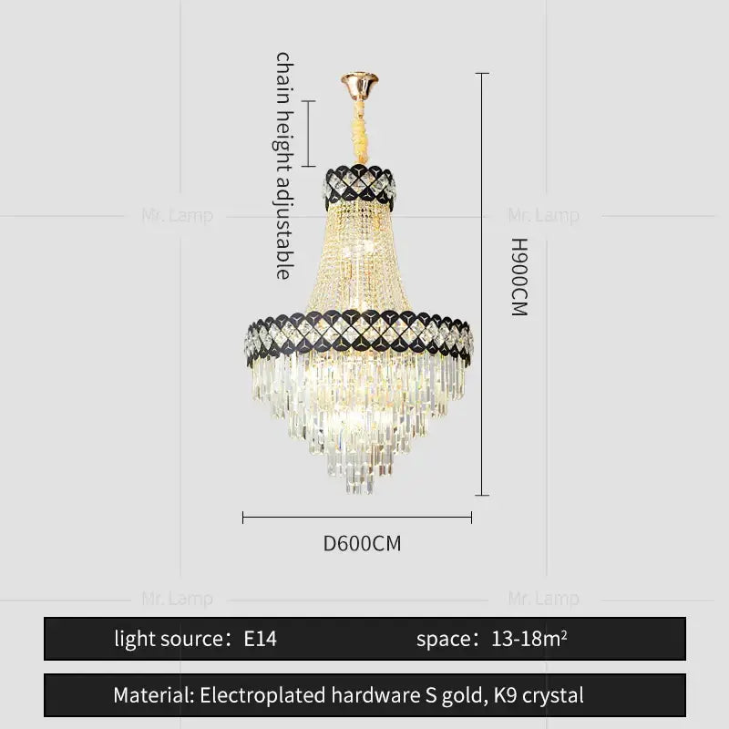 Elegant gold-toned decorbites crystal chandelier with cascading k9 crystal tiers and black diamond-patterned accents