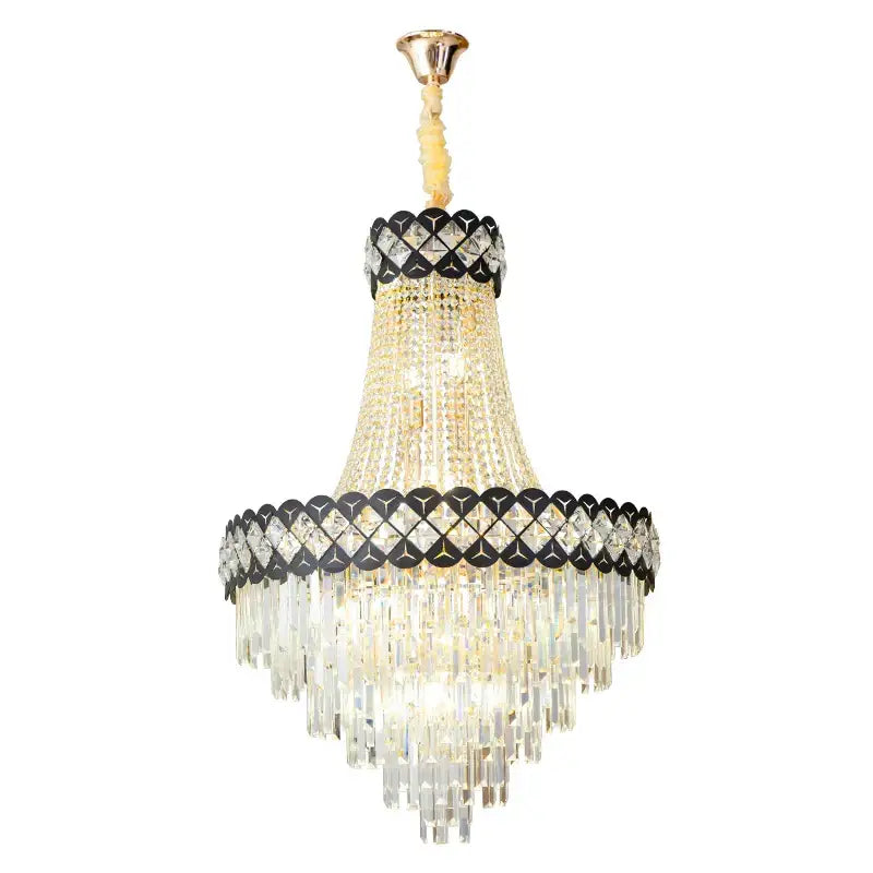 Elegant decorbites crystal chandelier with black metal accents and cascading clear glass prisms for spiral staircase