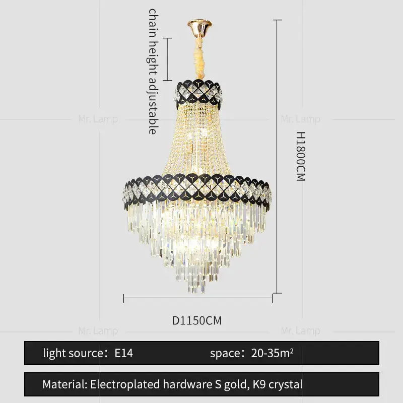 Elegant decorbites crystal chandelier with gold electroplated hardware and k9 crystal accents for spiral staircase lighting