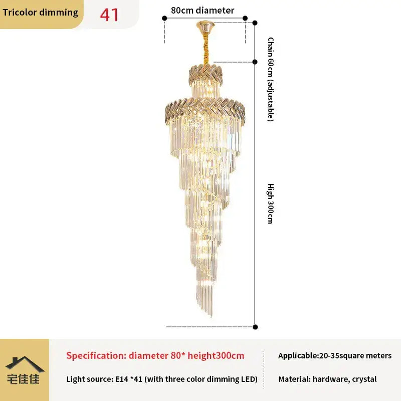 A decorbites crystal chandelier with gold-toned metal, cascading crystal tiers, and tricolor dimming led lights for luxury lighting
