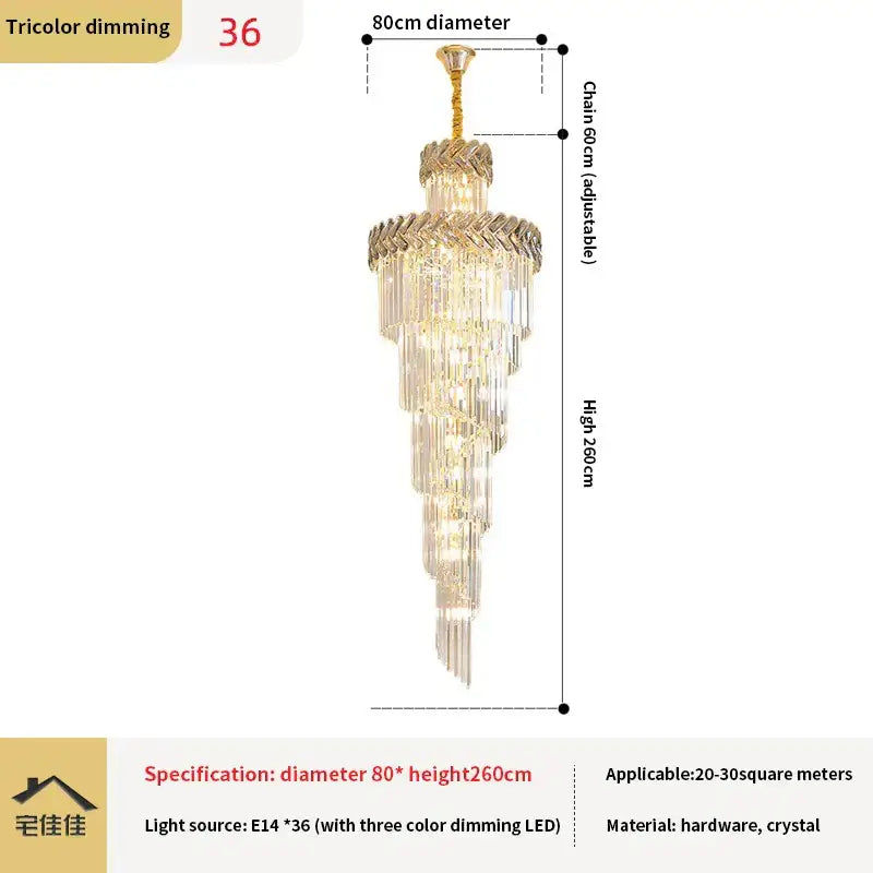 Luxurious gold-toned decorbites crystal chandelier with cascading crystal tiers and tricolor dimming led light source