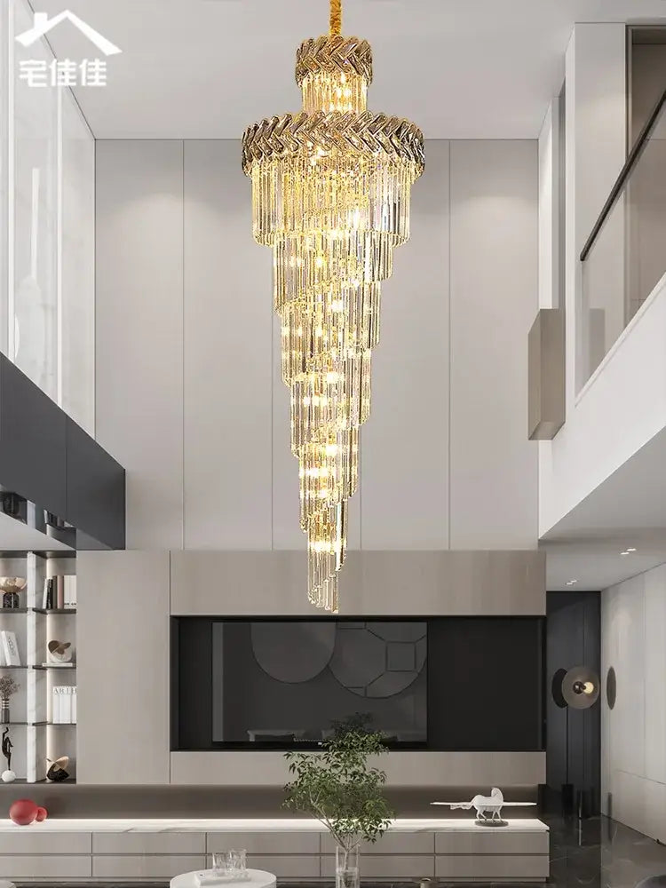 DecorBites crystal chandelier with golden crystals tiered cascading design and polished metal accents for luxury lighting