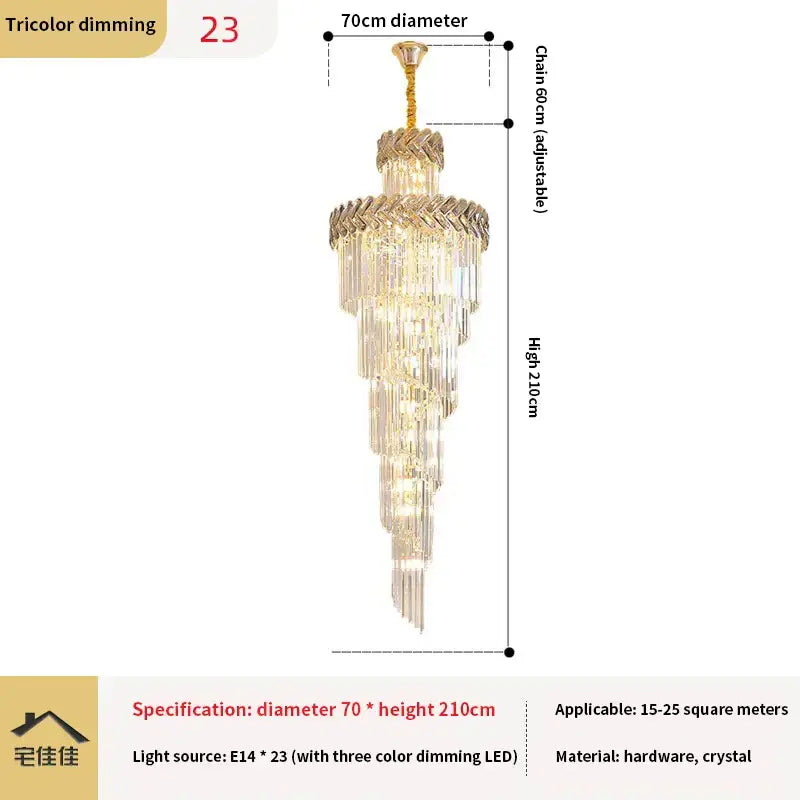 Decorbites crystal chandelier in gold tone with cascading crystal tiers and tricolor dimming led light for luxury lighting