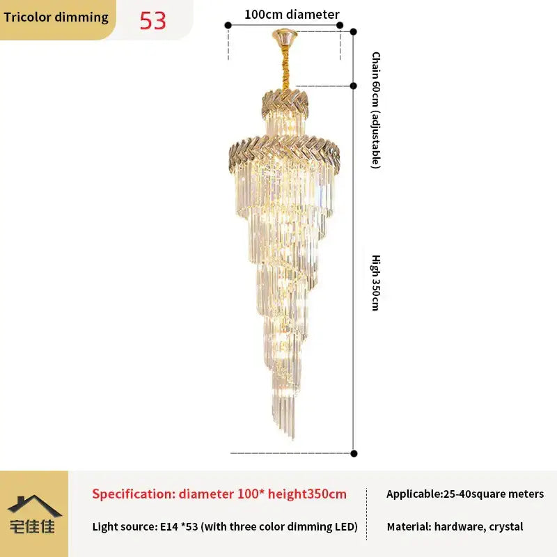DecorBites crystal chandelier with gold tone cascading crystal tiers and tricolor dimming LED for luxury lighting