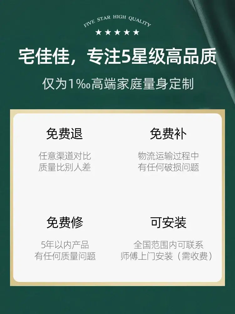 Dark green background with white text and gold box showing decorbites crystal chandelier five-star quality guarantees and services