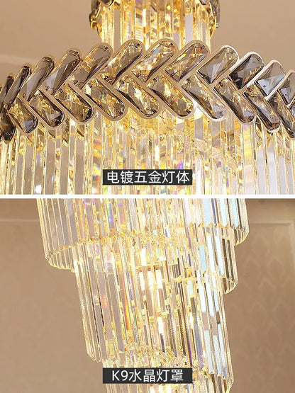 Gold-toned decorbites crystal chandelier with cascading k9 crystal prisms and tiered geometric upper frame for luxury lighting