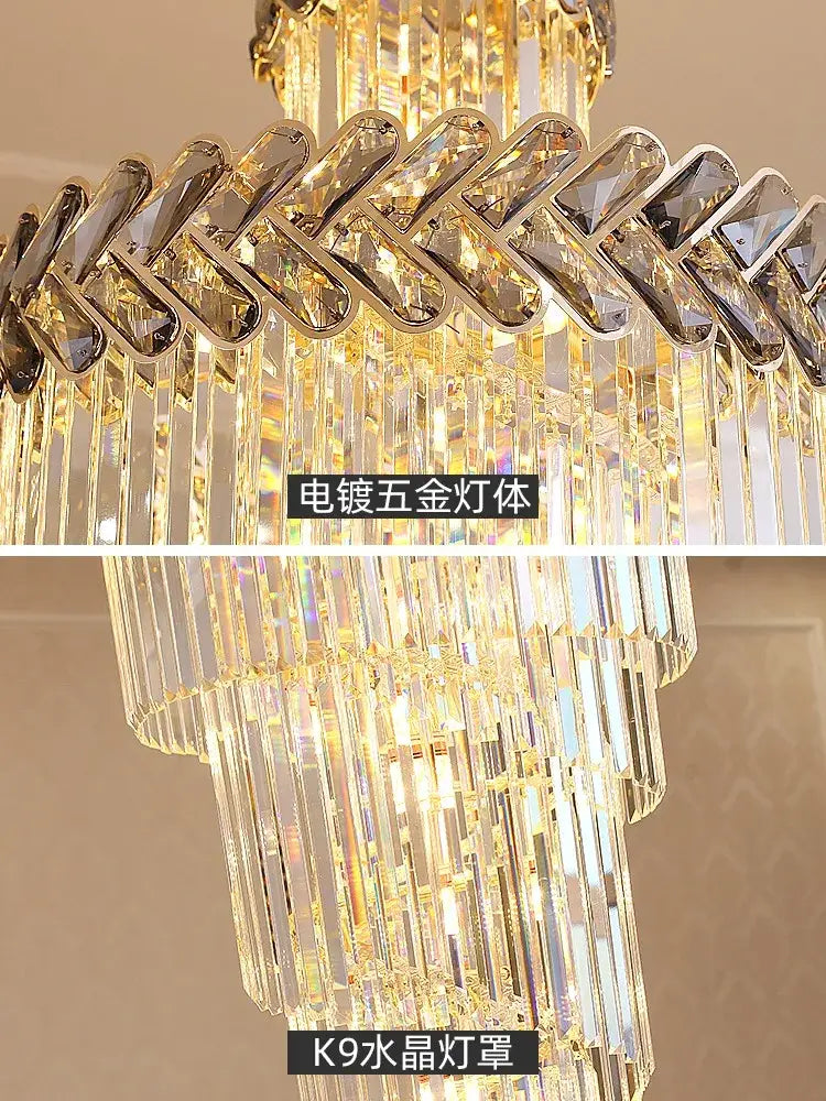 Gold-toned decorbites crystal chandelier with cascading k9 crystal prisms and tiered geometric upper frame for luxury lighting