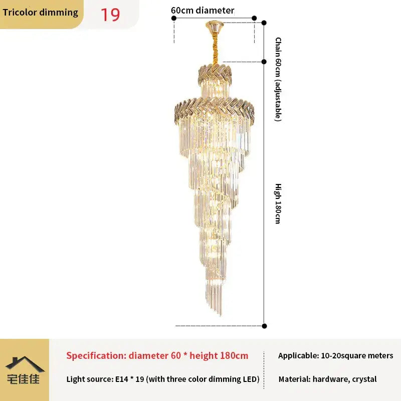 Decorbites crystal chandelier gold-toned with cascading crystal tiers and tricolor dimming led light for luxury lighting