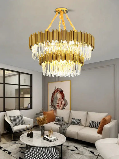 Luxurious decorbites crystal chandelier with cascading clear glass prisms in polished gold stainless steel frame