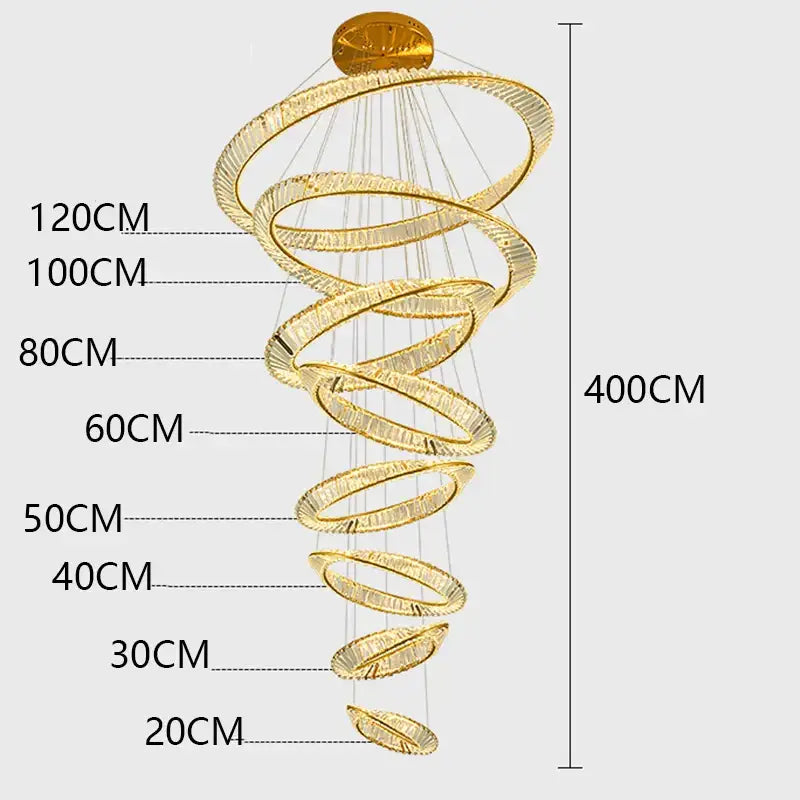 Golden spiral decorbites crystal chandelier with multiple concentric rings and embedded led lights for stair and living room