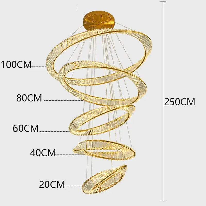 Golden spiral decorbites crystal chandelier with glowing rings and crystal accents for stair and living room pendant light