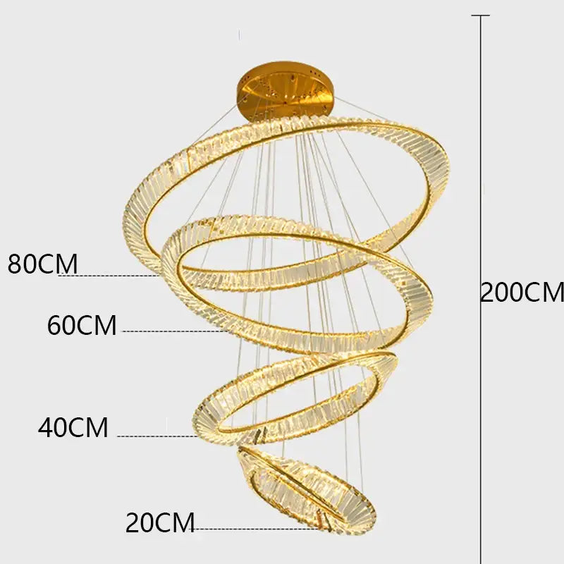 Golden spiral decorbites crystal chandelier with multiple glowing rings and crystal accents for stair and living room lighting