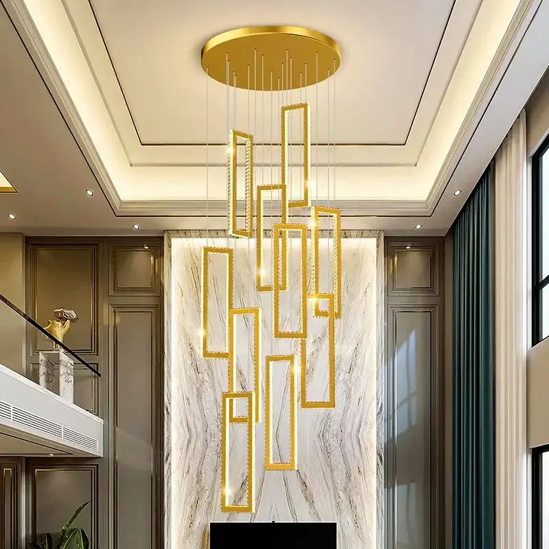 Golden geometric decorbites crystal chandelier with rectangular frames and circular mount for modern stair pendant lighting