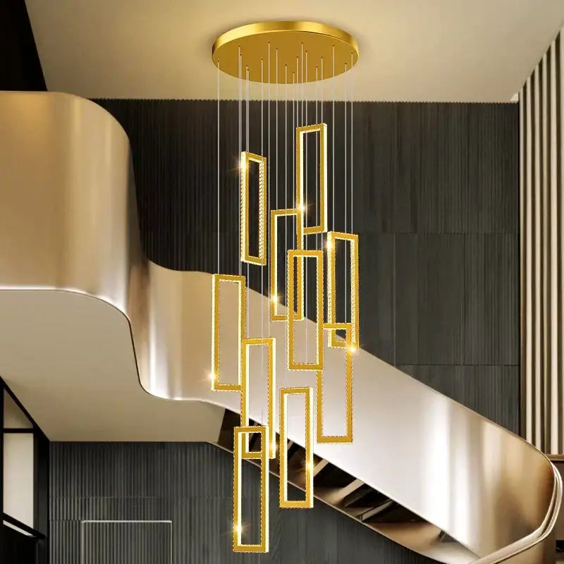 Golden rectangular decorbites crystal chandelier with modern geometric design and embedded led lights for stair pendant