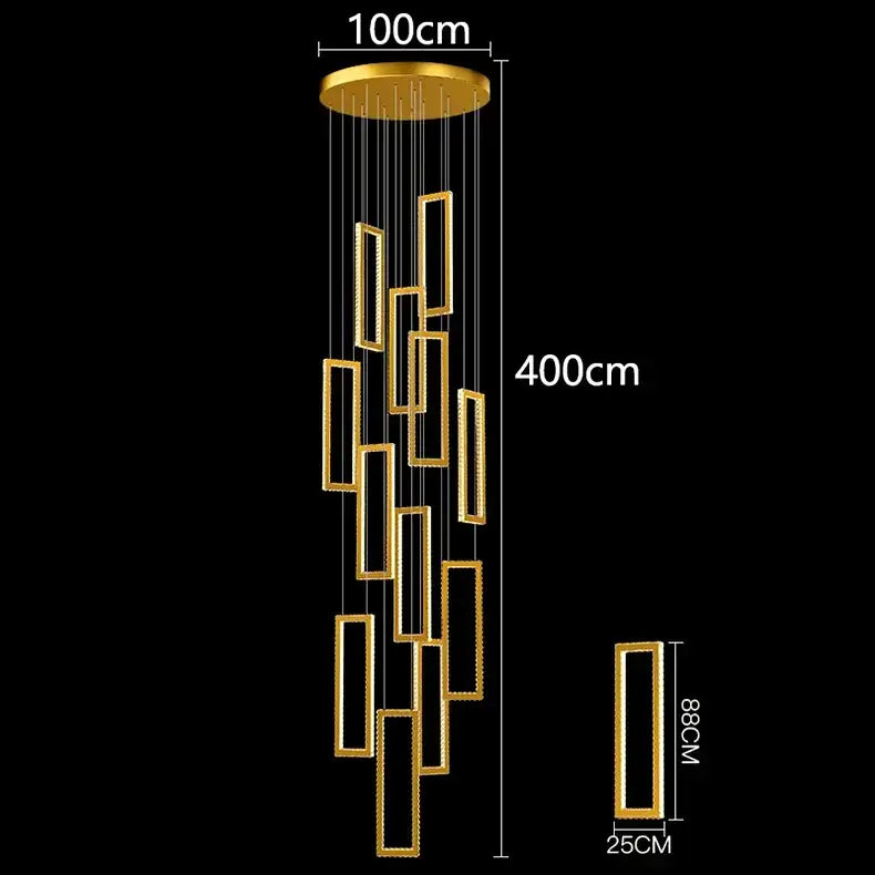 Gold-toned rectangular decorbites crystal chandelier stair pendant with modern cascading design for interior lighting