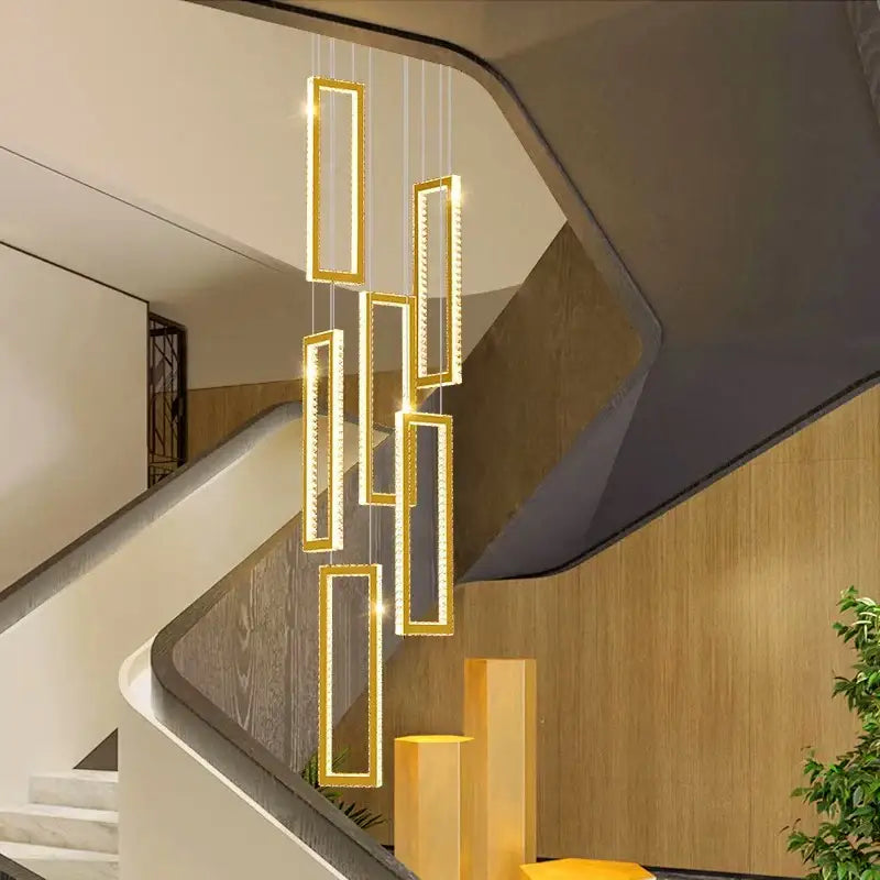 Golden rectangular decorbites crystal chandelier stair pendant with embedded led lights and crystal accents for modern interiors