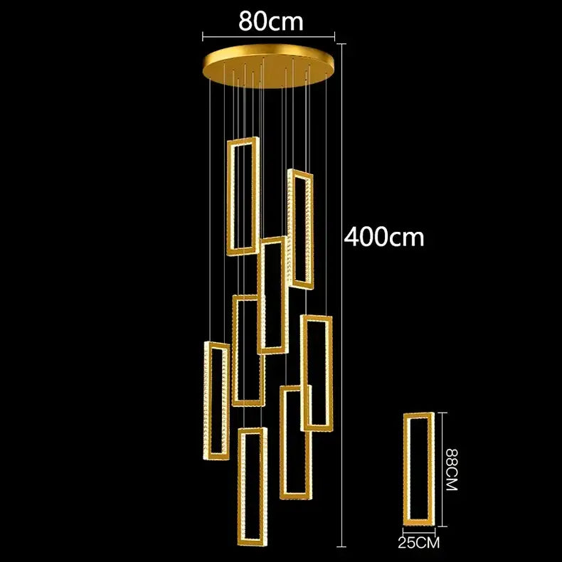 Gold-toned modern rectangular decorbites crystal chandelier stair pendant with circular ceiling mount for interior lighting