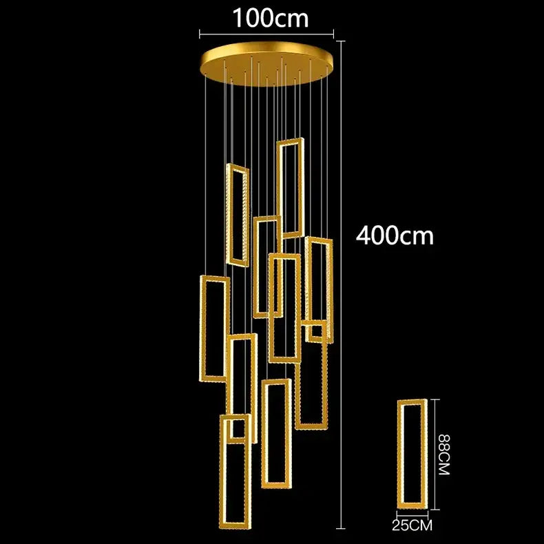 Golden rectangular decorbites crystal chandelier stair pendant with modern geometric design and metallic finish