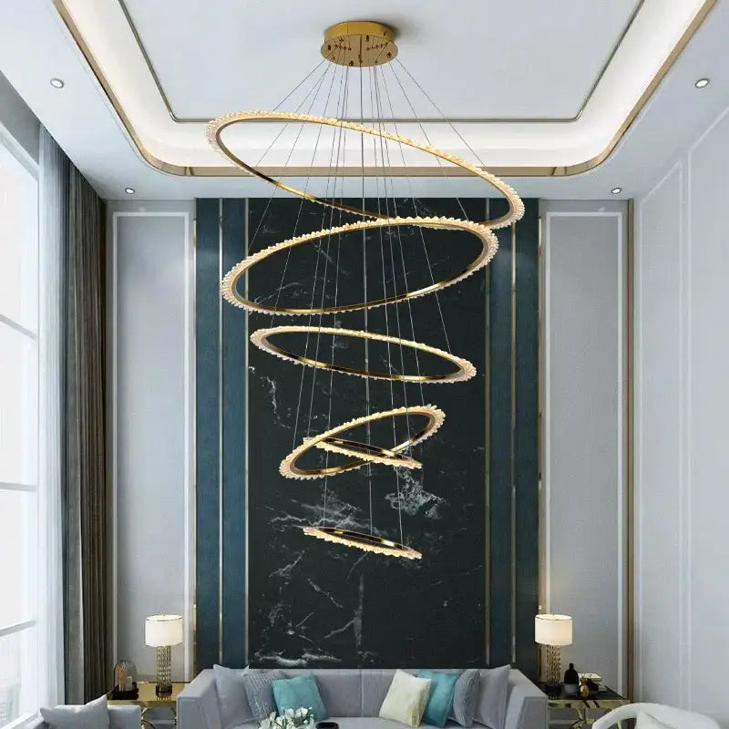 Decorbites crystal chandelier golden spiral with interlocking rings and embedded led lights for modern living room lighting