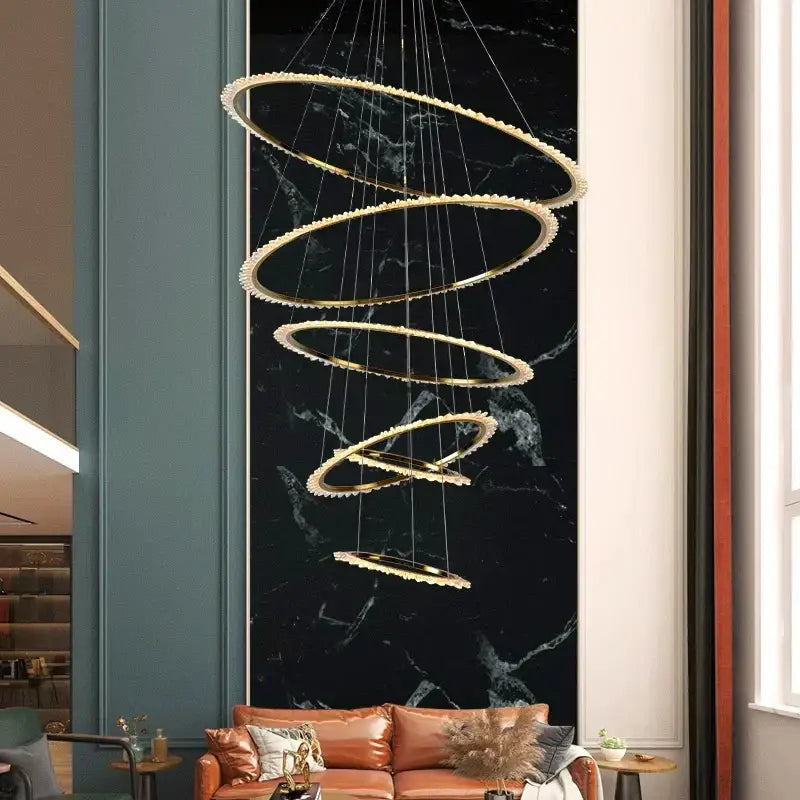 Decorbites crystal chandelier with golden spiral design embedded led lights for modern home living room lighting