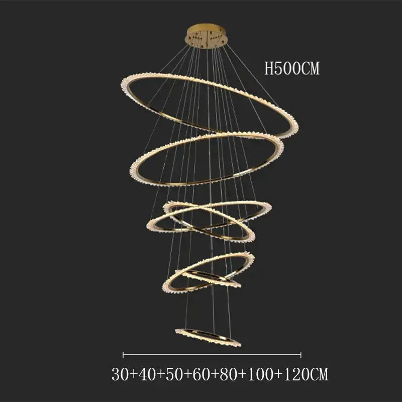 Gold-toned decorbites crystal chandelier stair pendant lamp with concentric rings and embedded crystals for modern homes