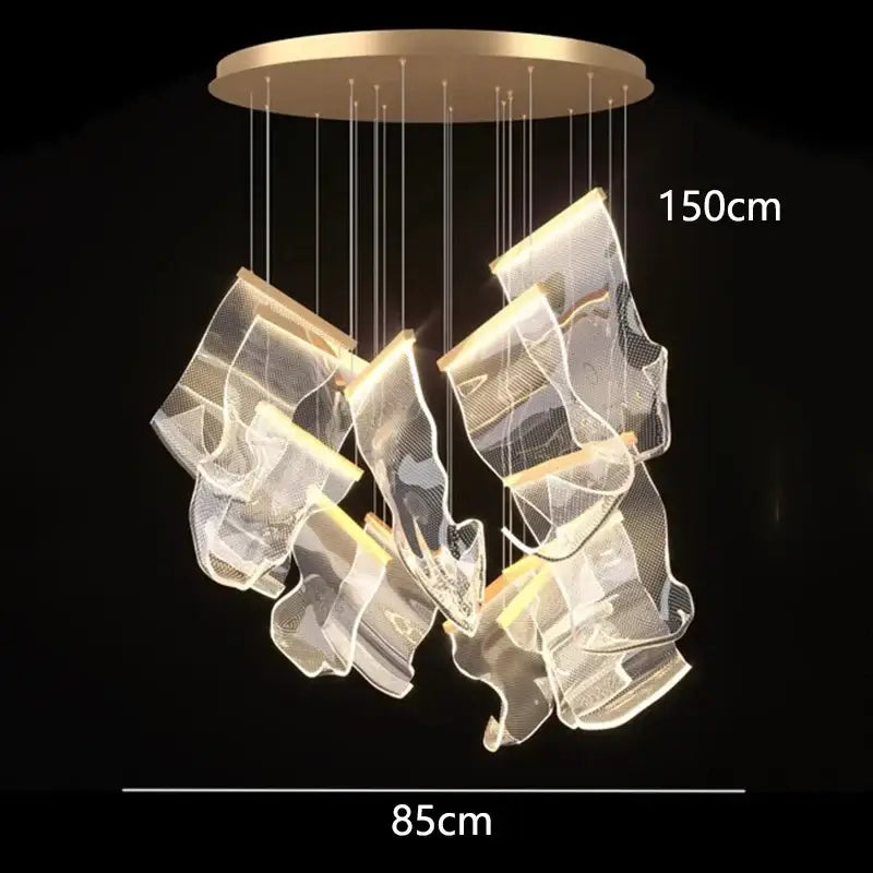 Modern 150cm decorbites crystal chandelier with gold circular mount and translucent mesh shades for living room lighting