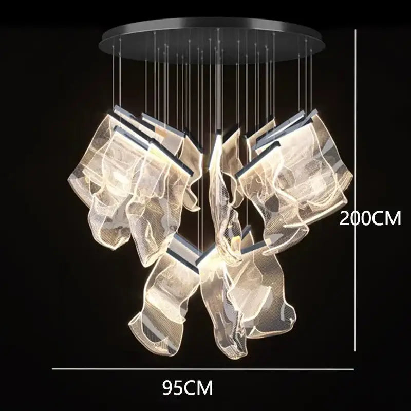 A modern 200cm high decorbites crystal chandelier with black ceiling mount and translucent mesh panels emitting warm light